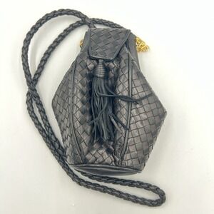 Vintage Ashneil Black Woven Leather Crossbody Bag Beak Frame Tassel Made Korea